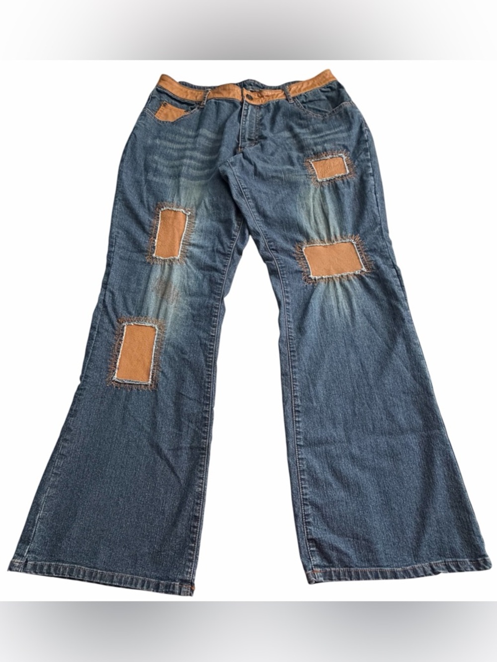 FUBU Blue Denim Wide Leg Jeans with Tan Topstitching and Patchwork, Size 11/12